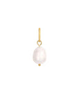 Pearl earring with gold hook on a white background