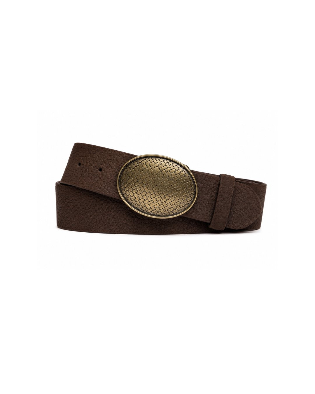 1 1/2" Pebbled Suede Calf Belt with Antique Brass Plaque Buckle Chocolate Belts W.Kleinberg 