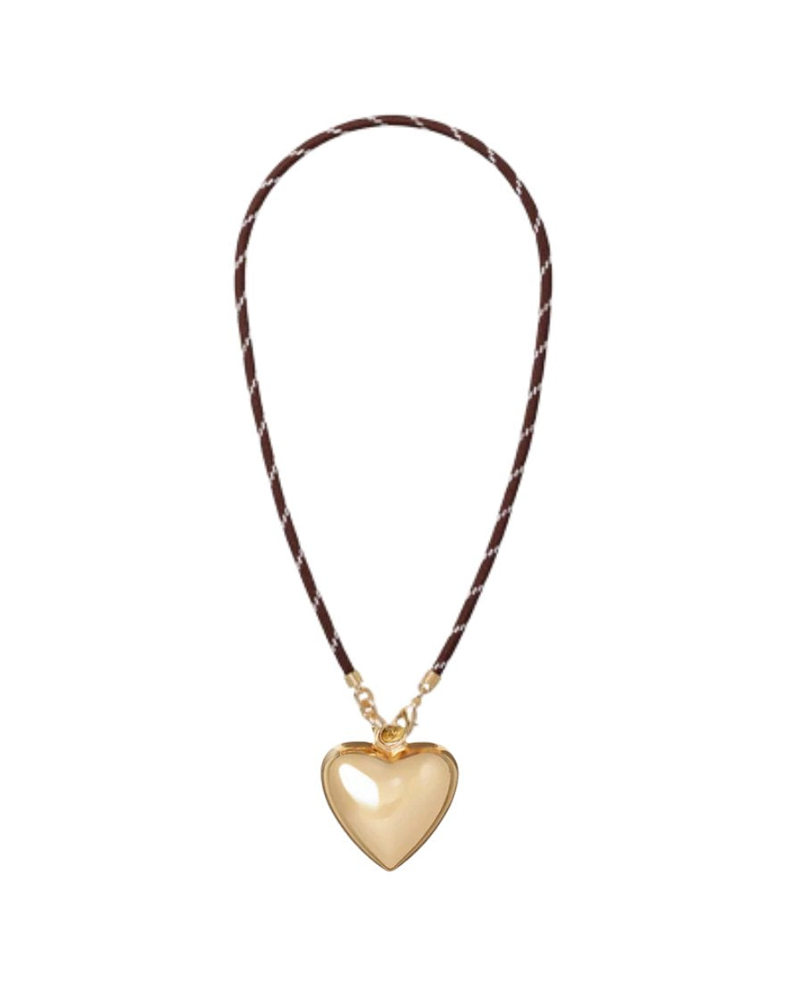 Happy Cord Charm Necklace Brown Big Puffy Heart Gold Necklaces Roxanne Assoulin 