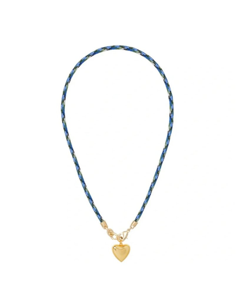 Happy Cord Charm Necklace Blue Jean Mini Puffy Heart Gold Necklaces Roxanne Assoulin 