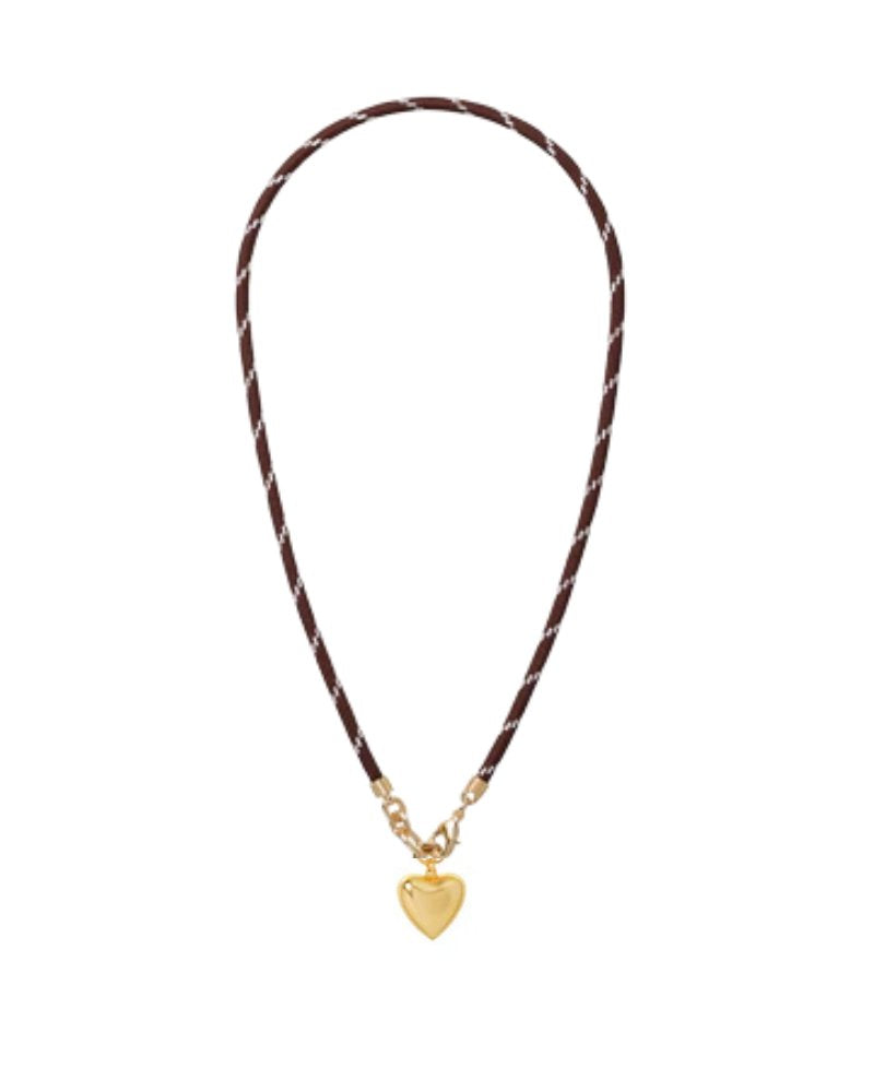 Happy Cord Charm Necklace Brown Mini Puffy Heart Gold Necklaces Roxanne Assoulin 