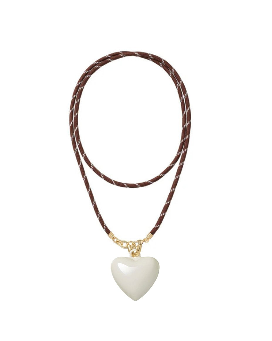 Happy Long Cord Charm Necklace Brown Big Puffy Heart Cream Necklaces Roxanne Assoulin 