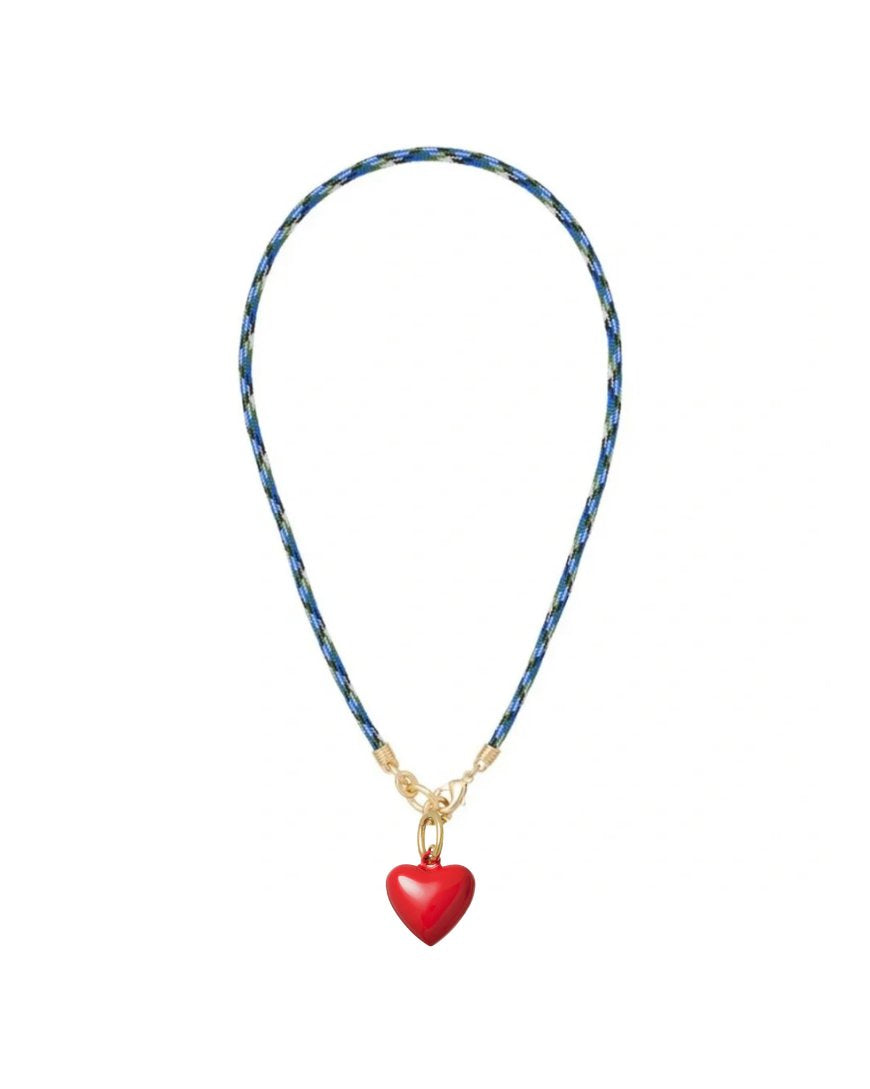 Happy Cord Charm Necklace Blue Jean Mini Puffy Heart Red Necklaces Roxanne Assoulin 