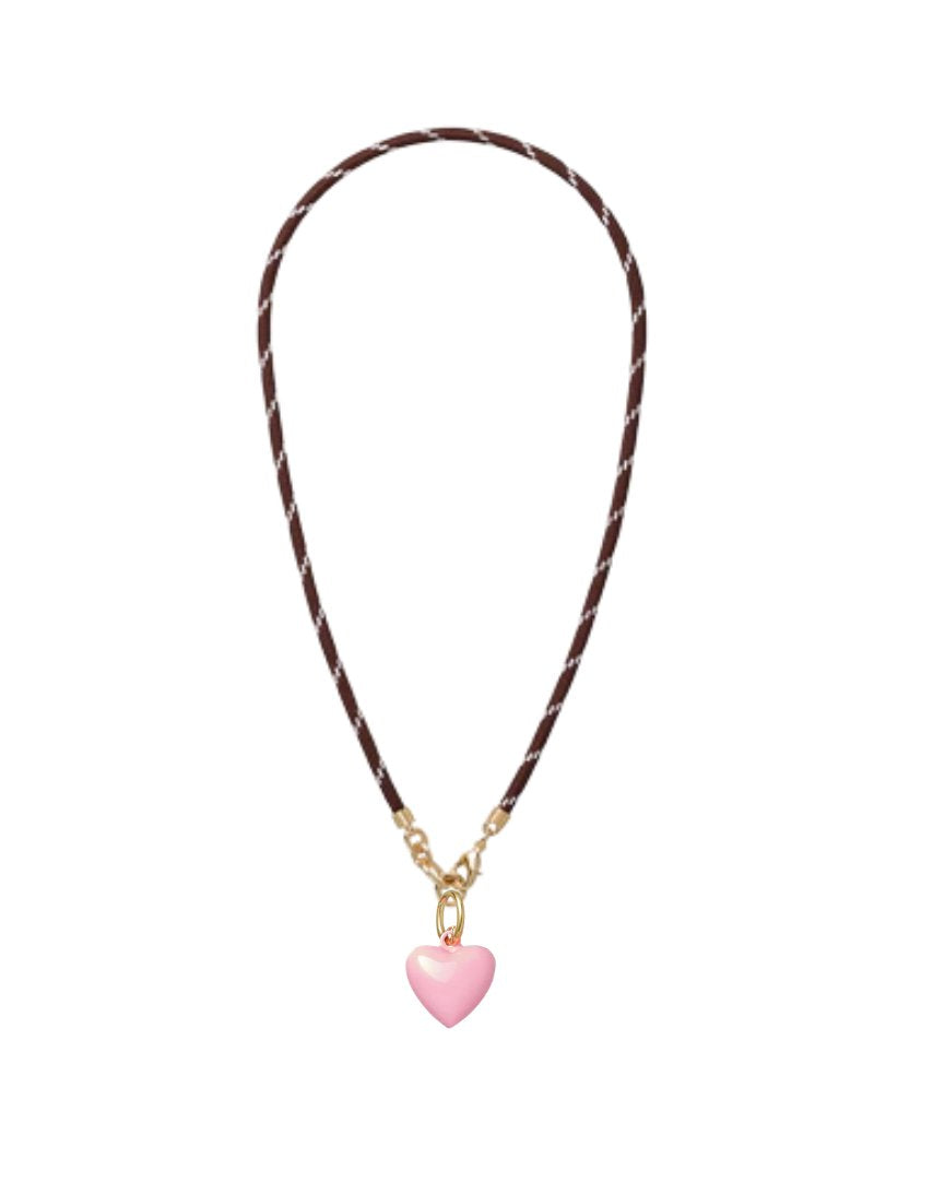 Happy Cord Charm Necklace Brown Mini Puffy Heart Cotton Candy Necklaces Roxanne Assoulin 