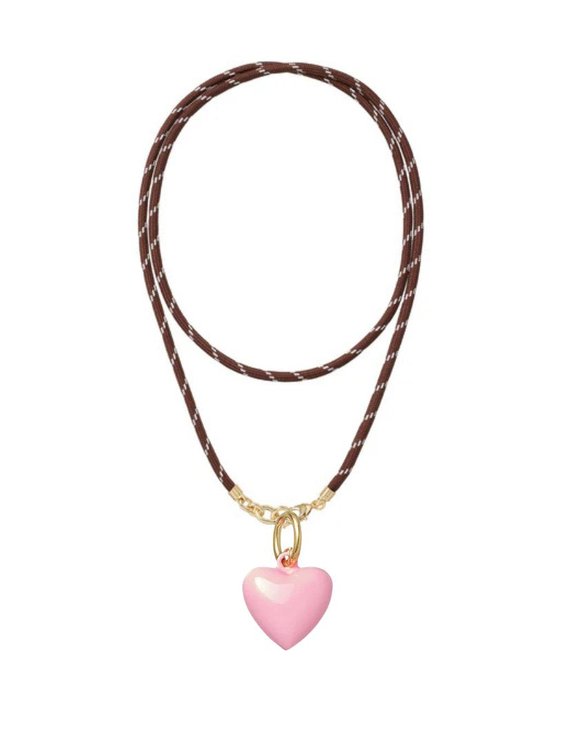 Happy Long Cord Charm Necklace Brown Big Puffy Heart Cotton Candy Necklaces Roxanne Assoulin 