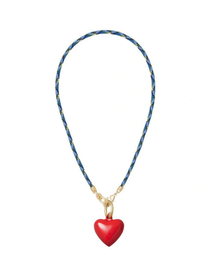 Happy Cord Charm Necklace Blue Jean Big Puffy Heart Red Necklaces Roxanne Assoulin 