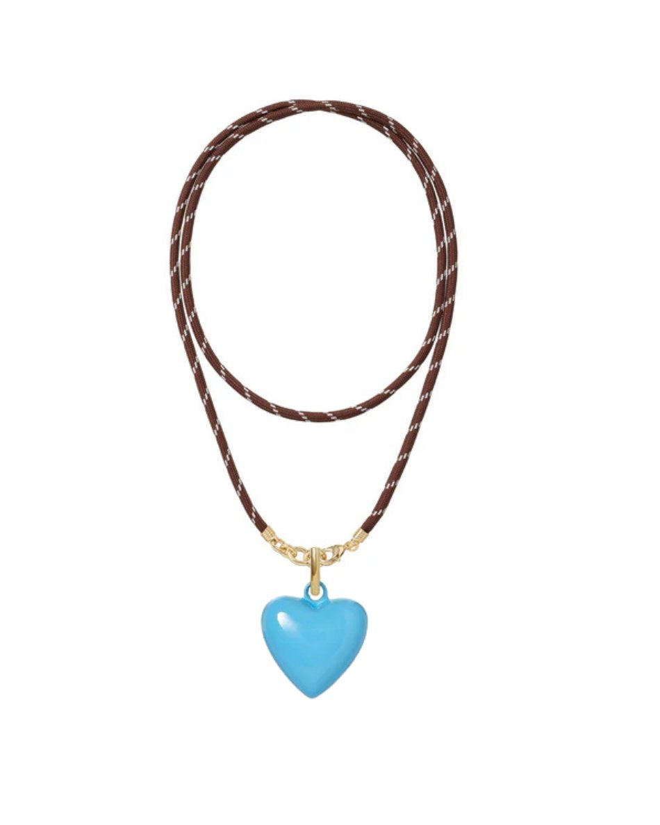 Happy Long Cord Charm Necklace Brown Big Puffy Heart Dark Turquoise Necklaces Roxanne Assoulin 