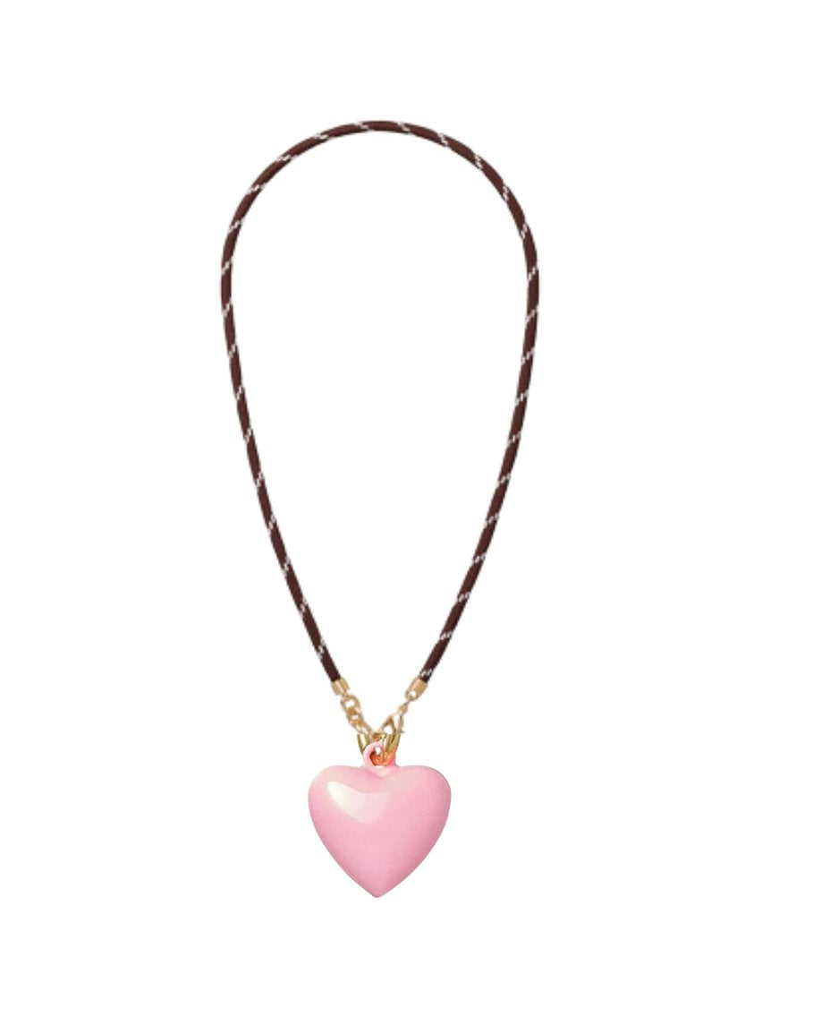 Happy Cord Charm Necklace Brown Big Puffy Heart Cotton Candy Necklaces Roxanne Assoulin 