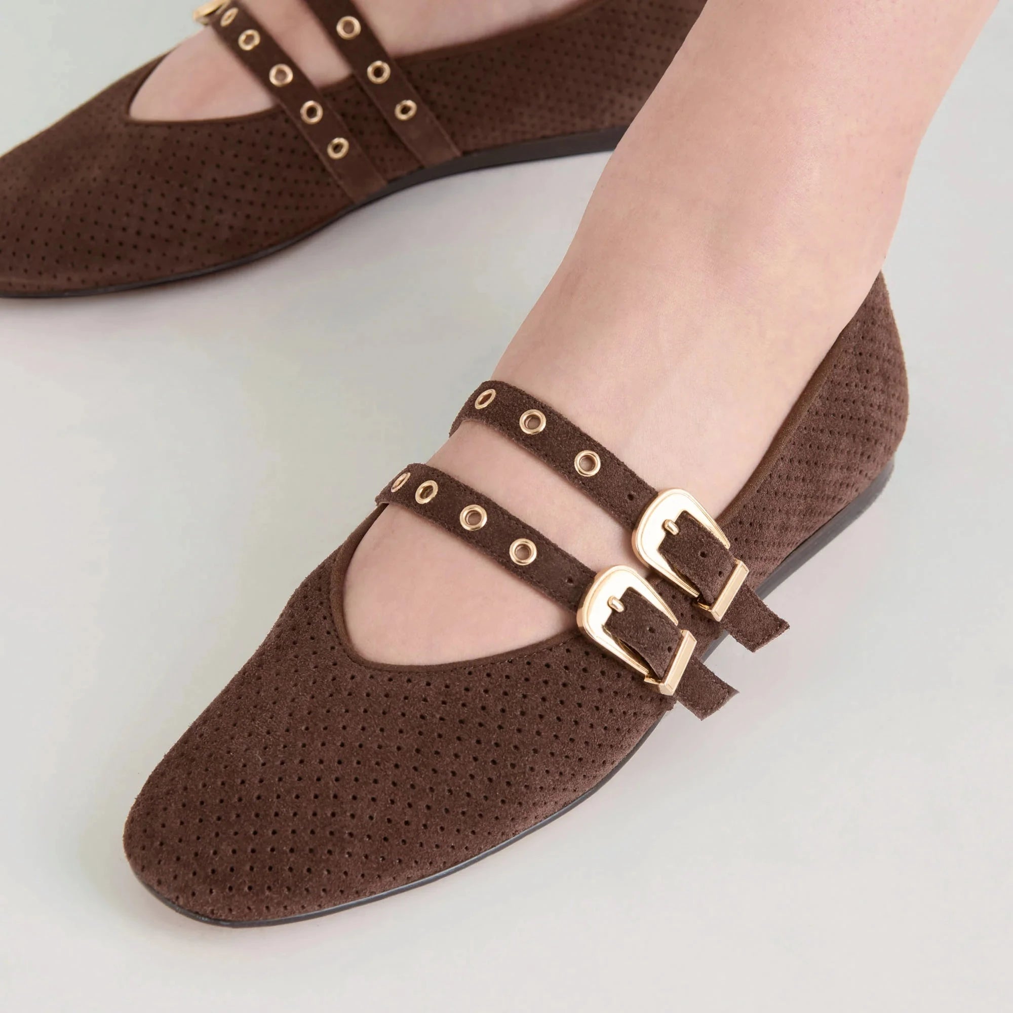Baylee Grommet Ballet Flat Dark Brown Perforated Suede Flats - Ballet Dolce Vita 