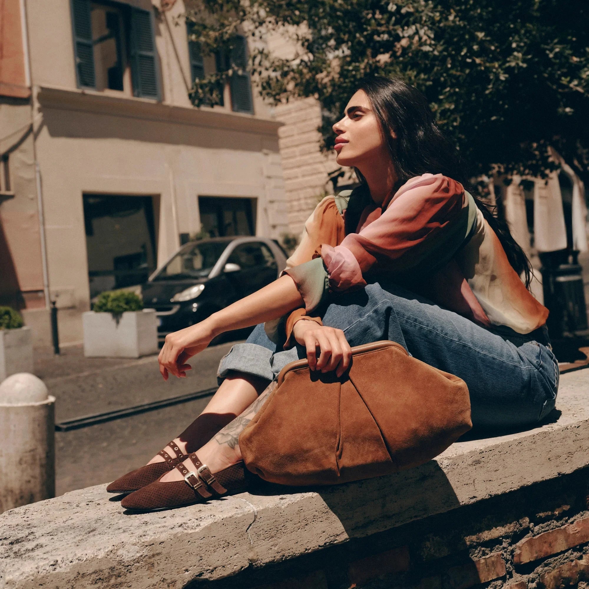 Baylee Grommet Ballet Flat Dark Brown Perforated Suede Flats - Ballet Dolce Vita 