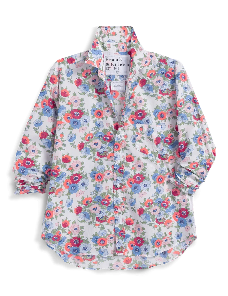EIleen Relaxed Button Up Shirt  Pink and Red with Blue Flowers