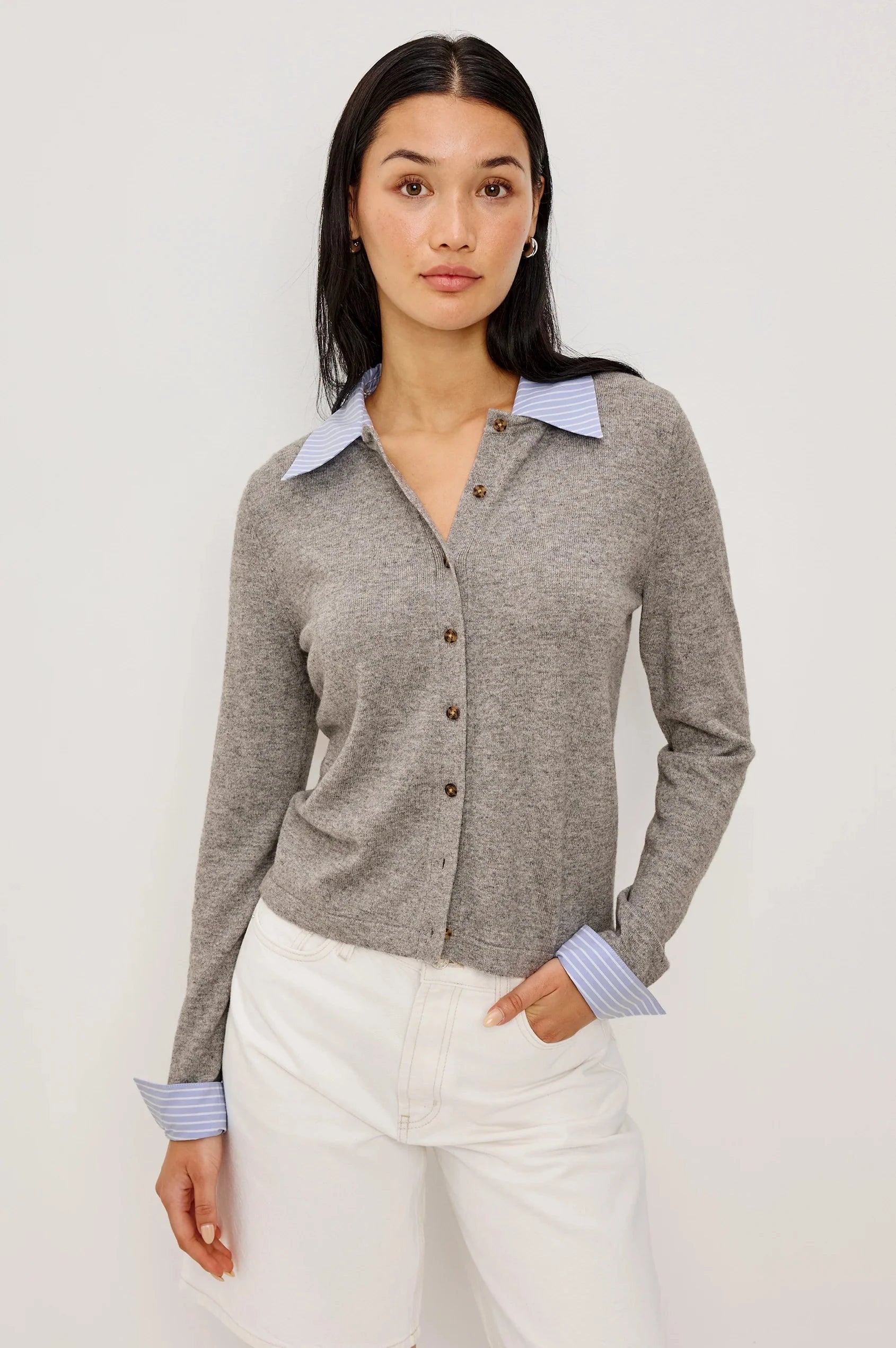 Eryn Cardigan Heather Grey Poplin Mix Sweater - Cardigans Rails 