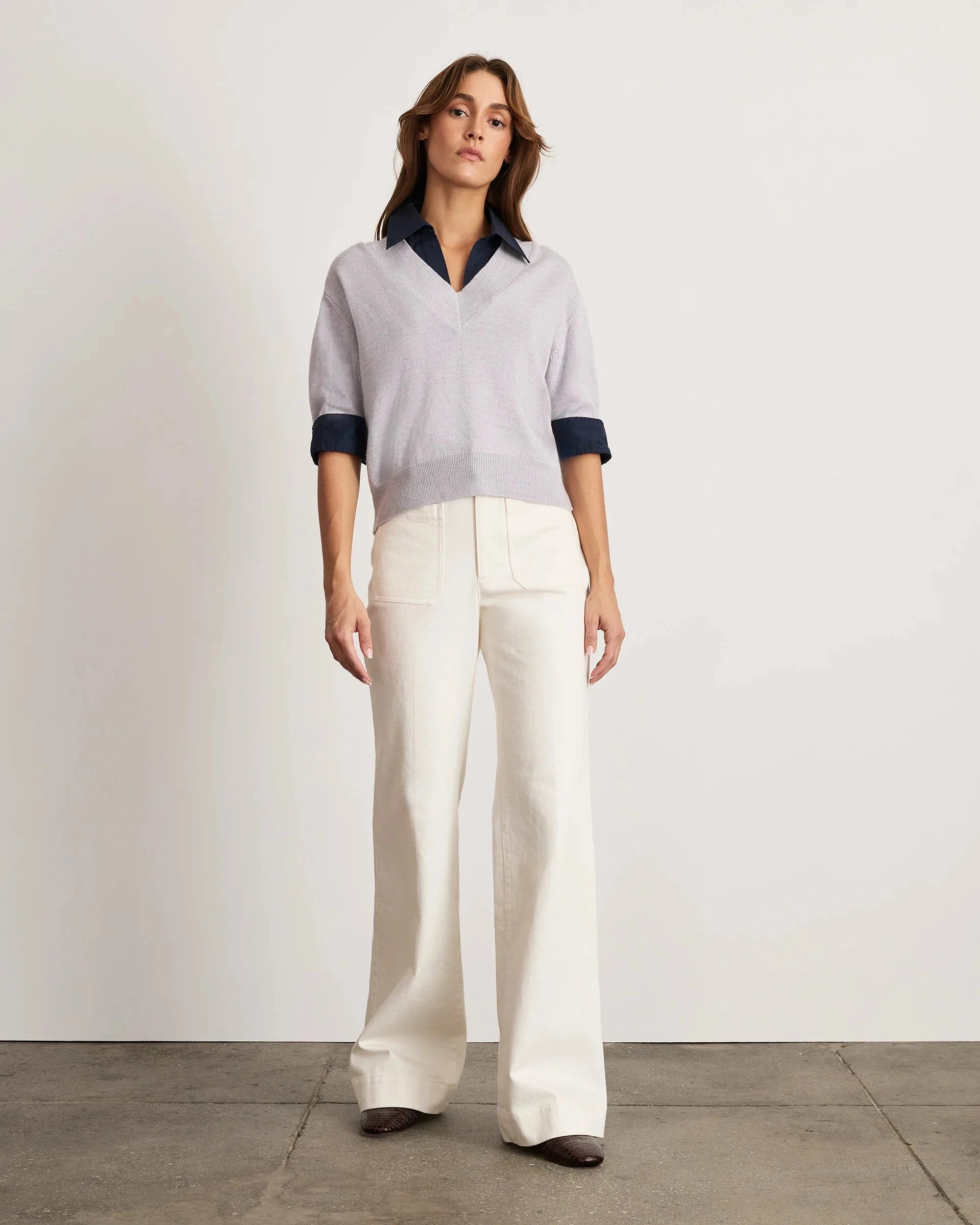 Esme Sweater Top Light Heather Gray/Maritime Blue Sweater - V-Neck Tanya Taylor 