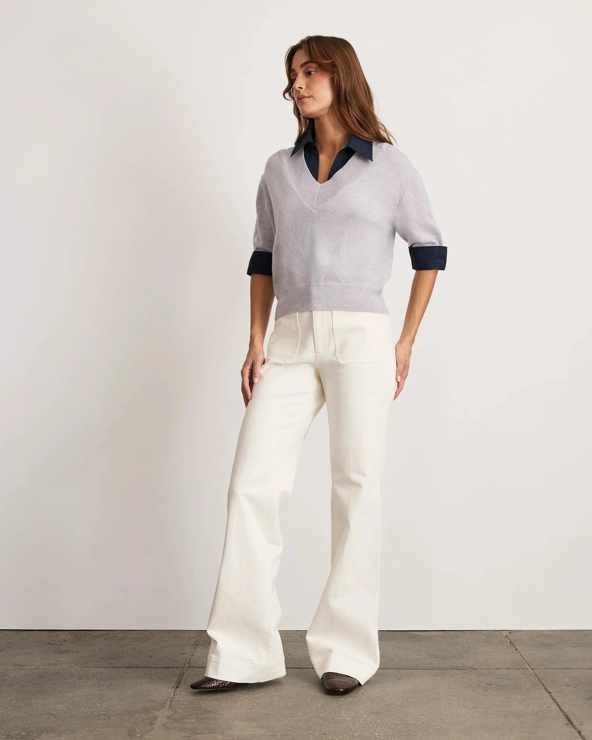 Esme Sweater Top Light Heather Gray/Maritime Blue Sweater - V-Neck Tanya Taylor 