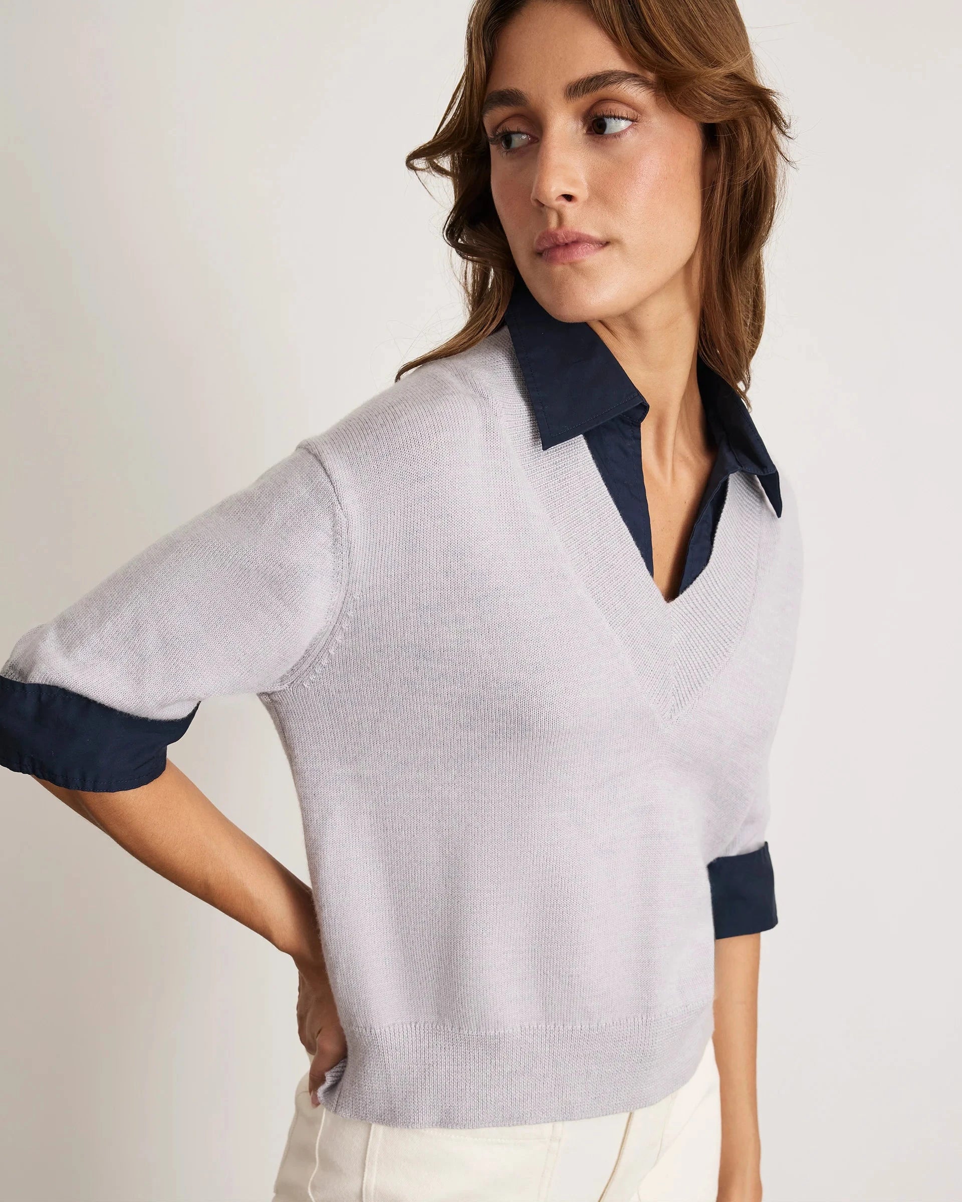 Esme Sweater Top Light Heather Gray/Maritime Blue Sweater - V-Neck Tanya Taylor 