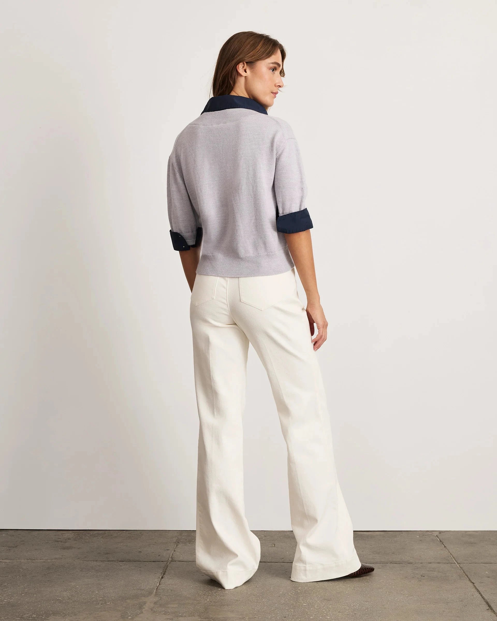 Esme Sweater Top Light Heather Gray/Maritime Blue Sweater - V-Neck Tanya Taylor 