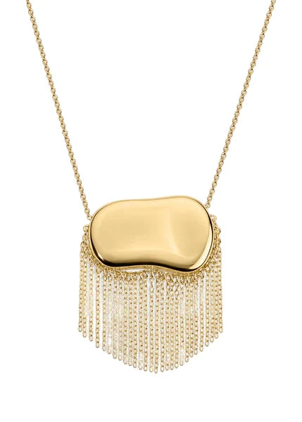 Gold necklace with a fringe pendant on a white background