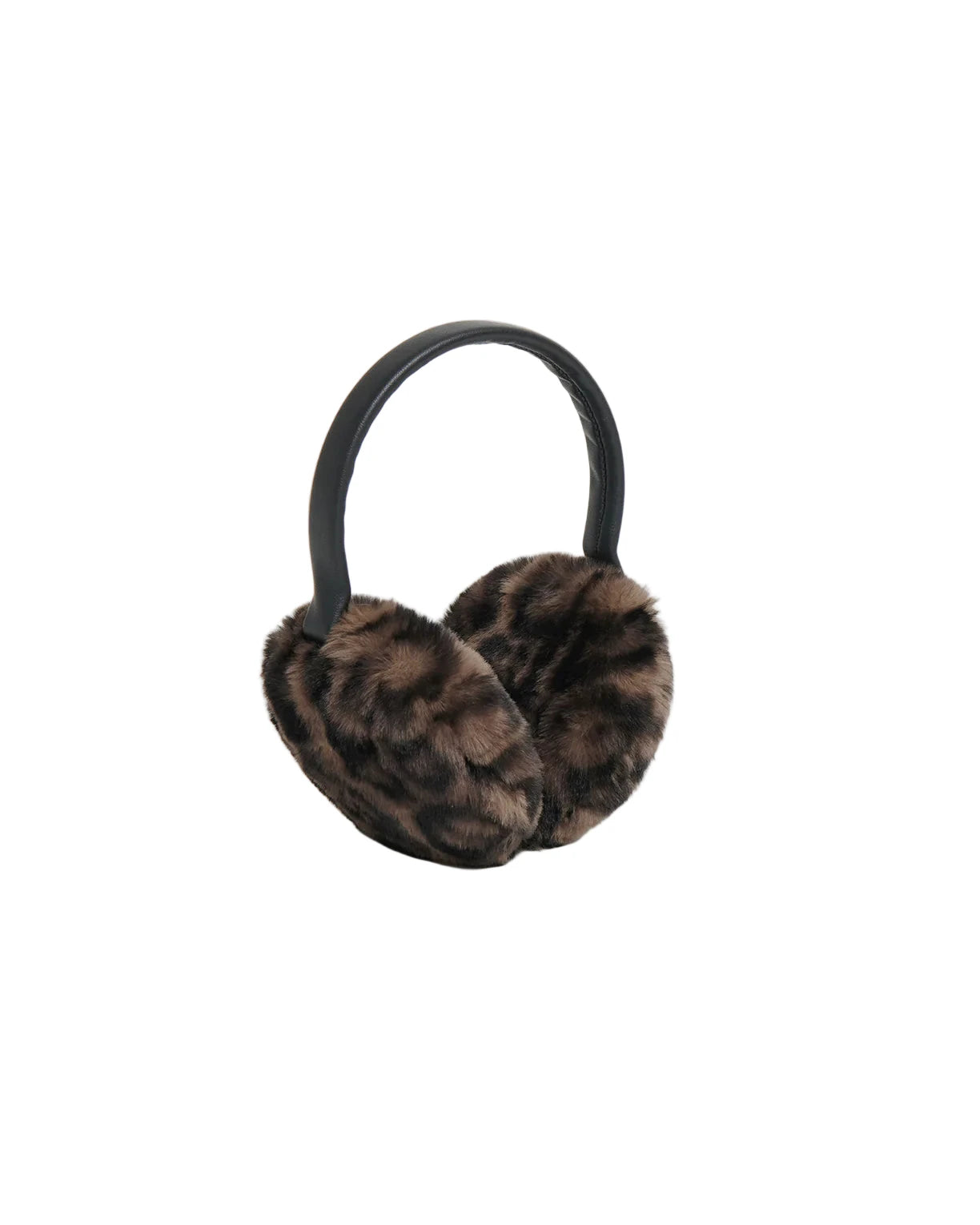 Pair of leopard print earmuffs on a white background