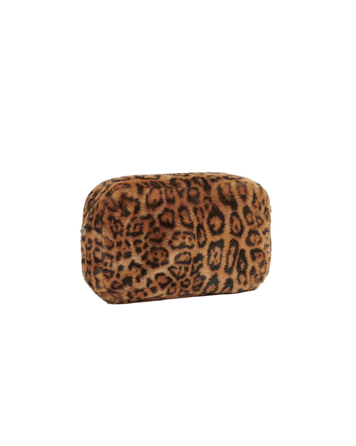 Leopard print makeup bag on a light gray background