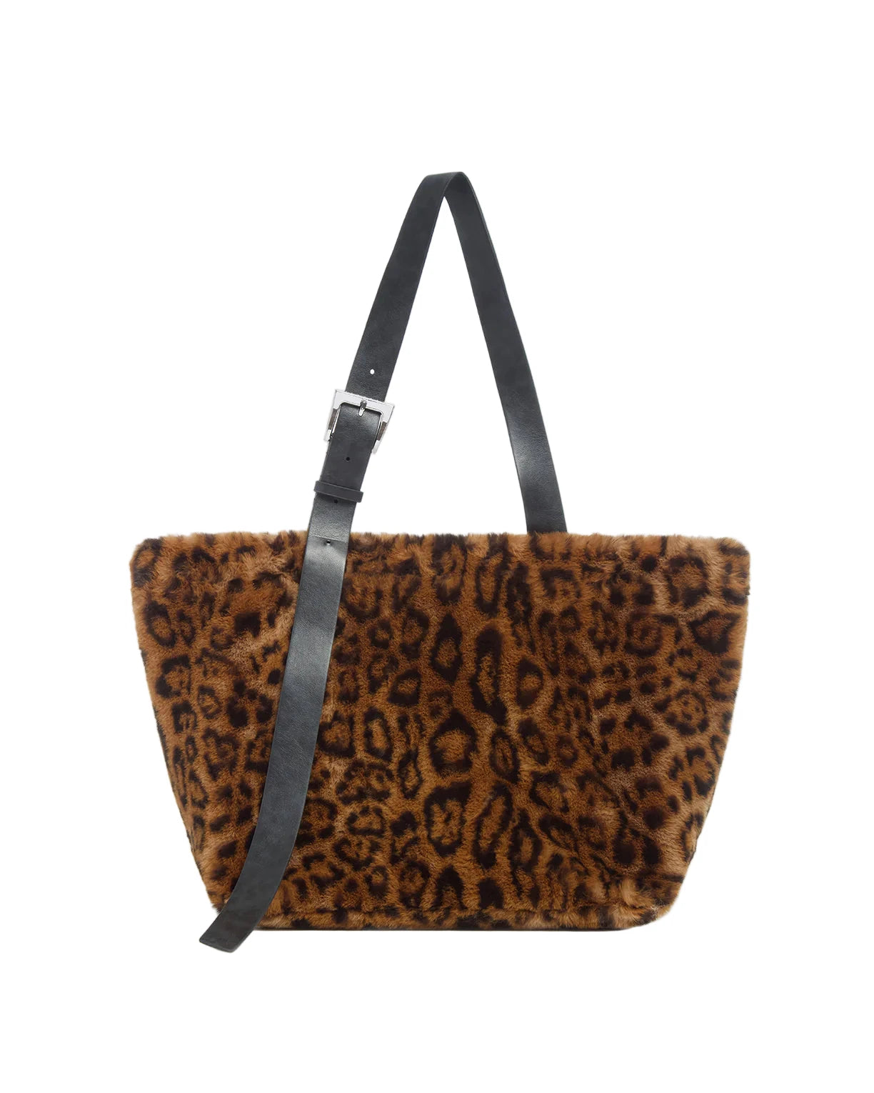 Leopard print handbag with black strap on a white background