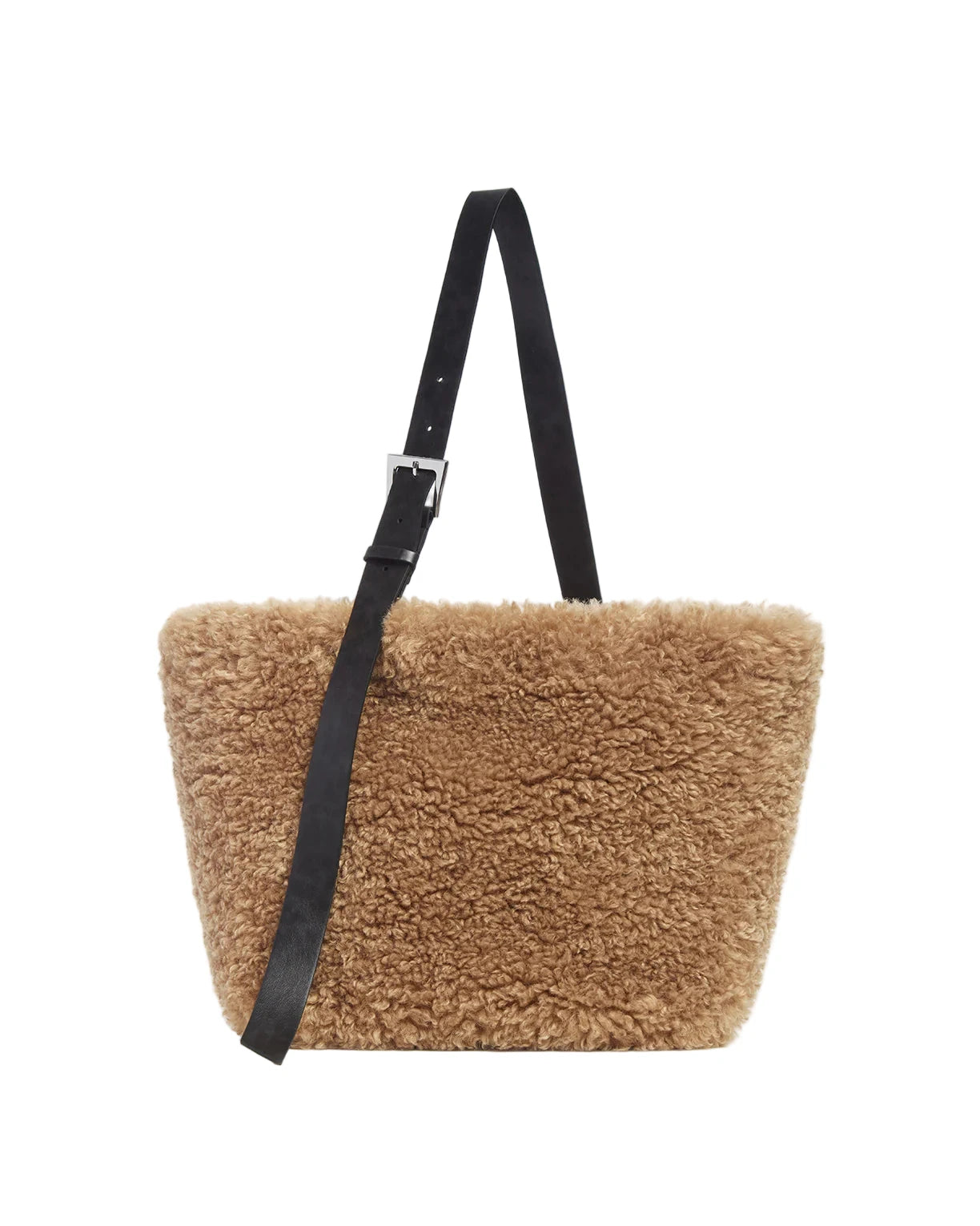 Brown fluffy bag with a black strap on a white background