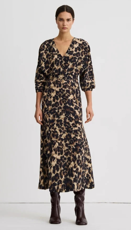 V-Neck Flounce Hem Dress Leopard Dresses - Midi Smythe 