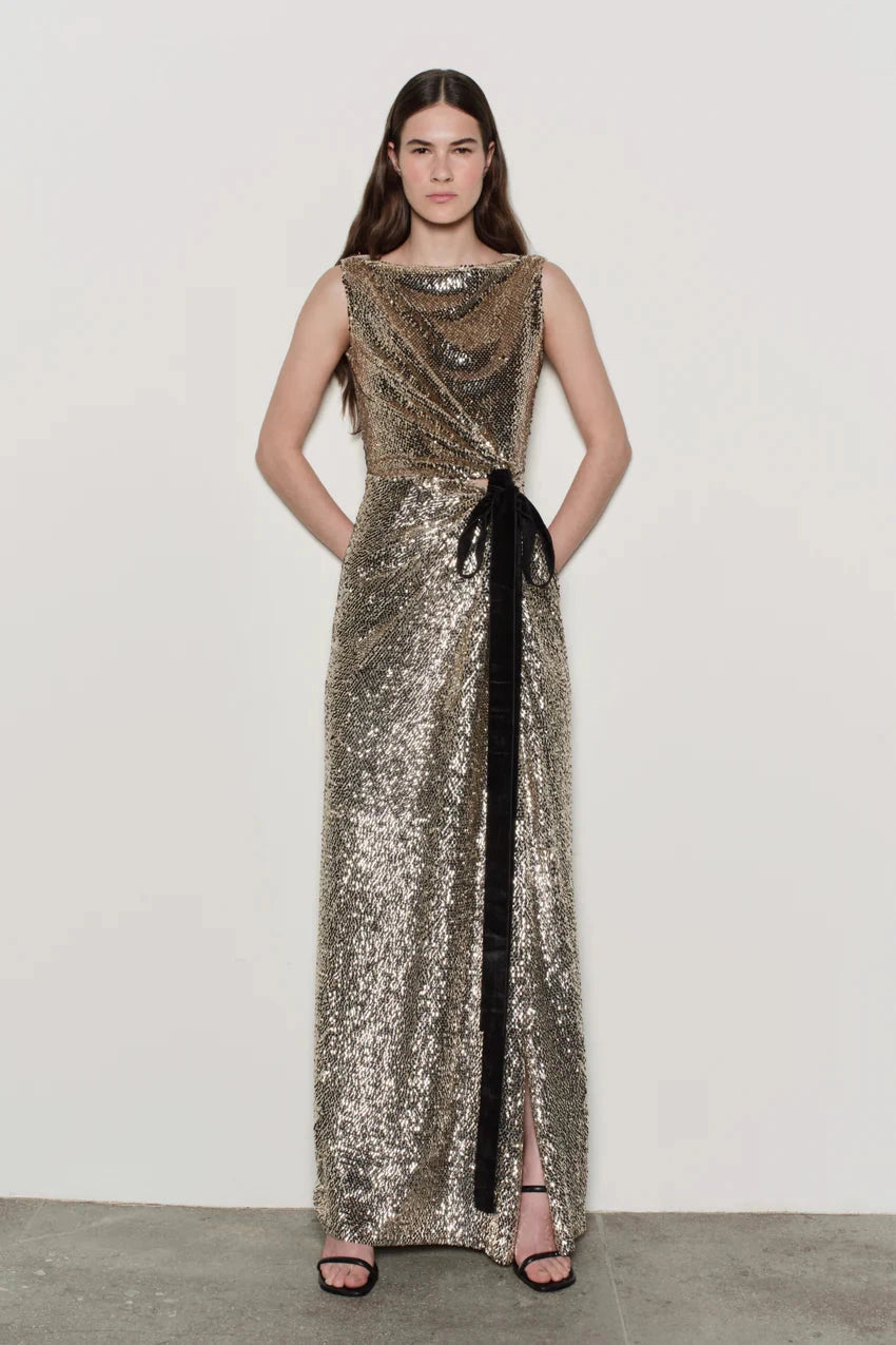 Felicity Gown with Bow Tie Gold Multi Dresses - Maxi Simkhai 