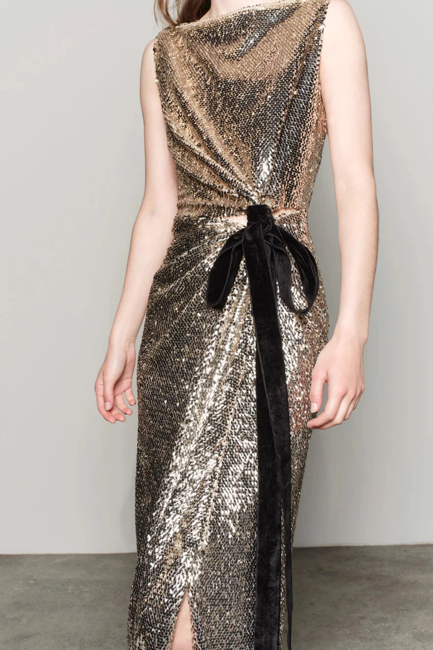 Felicity Gown with Bow Tie Gold Multi Dresses - Maxi Simkhai 