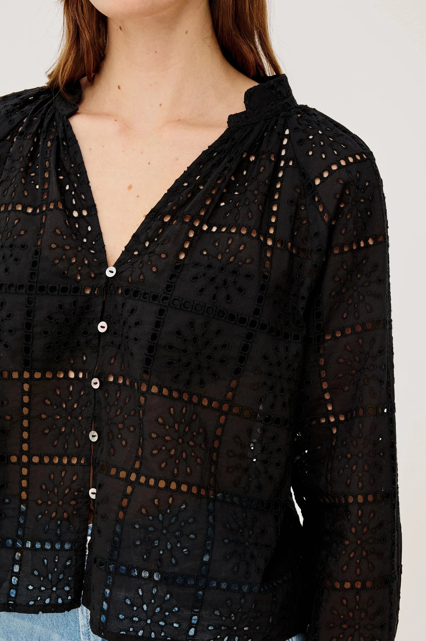 Francine Top Grid Embroidery Black Tops - Blouses Rails 
