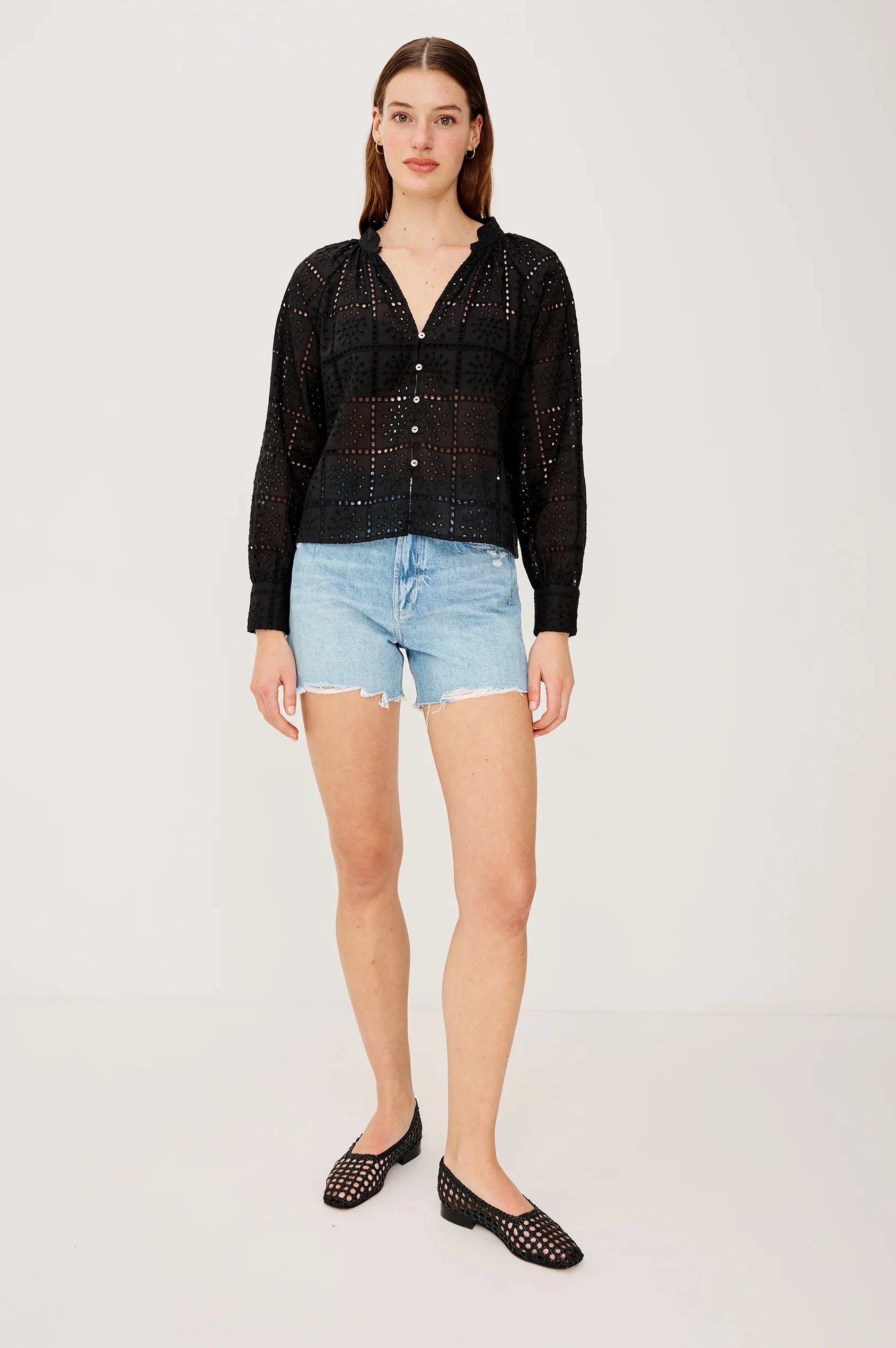 Francine Top Grid Embroidery Black Tops - Blouses Rails 