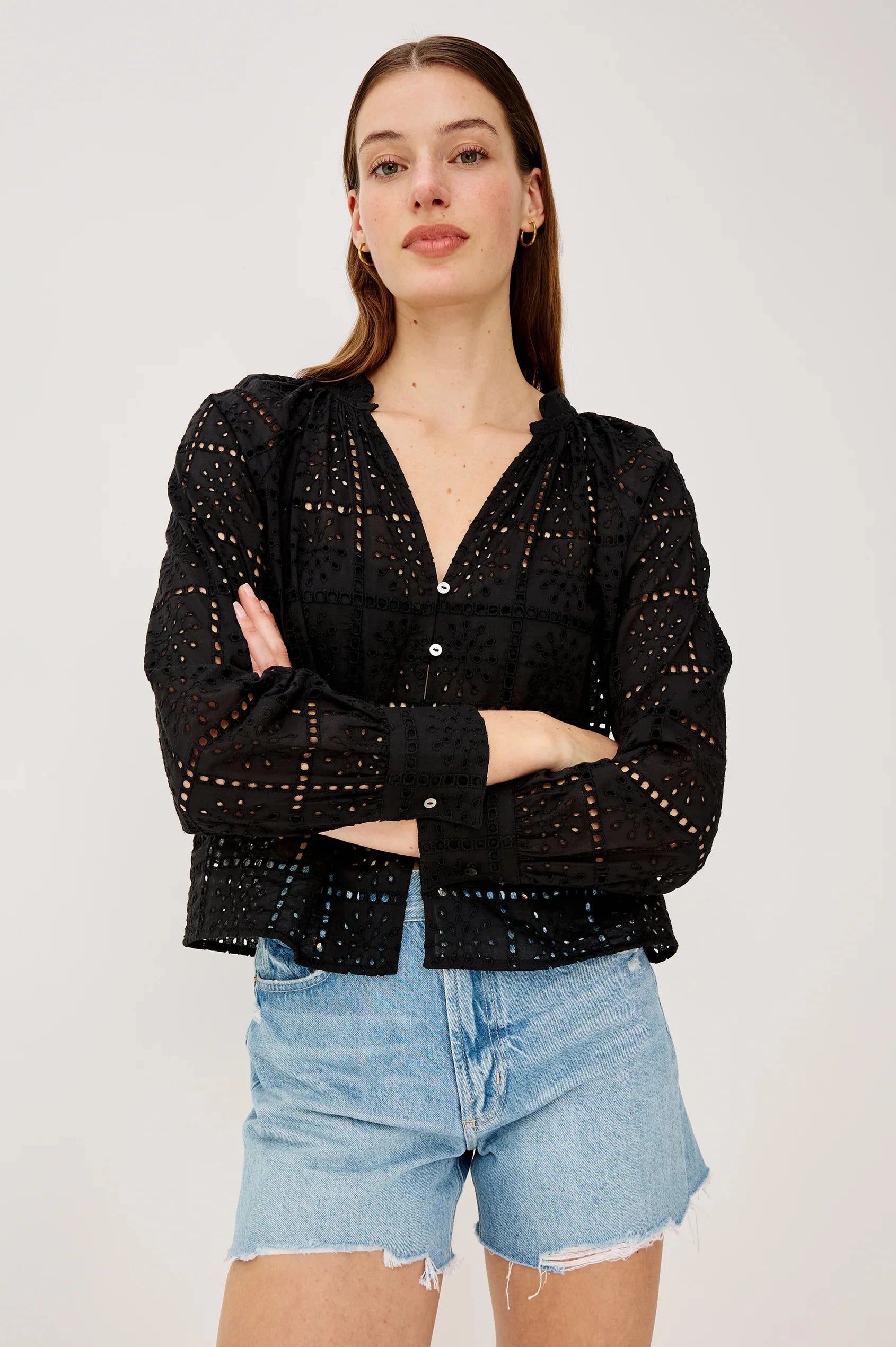 Francine Top Grid Embroidery Black Tops - Blouses Rails 