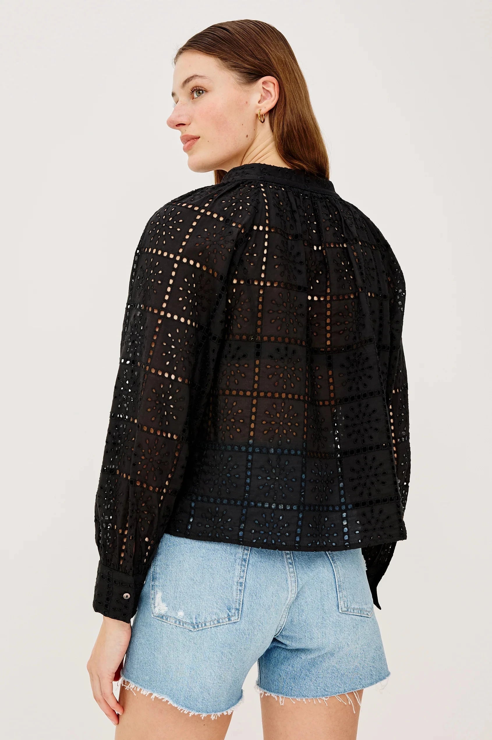 Francine Top Grid Embroidery Black Tops - Blouses Rails 