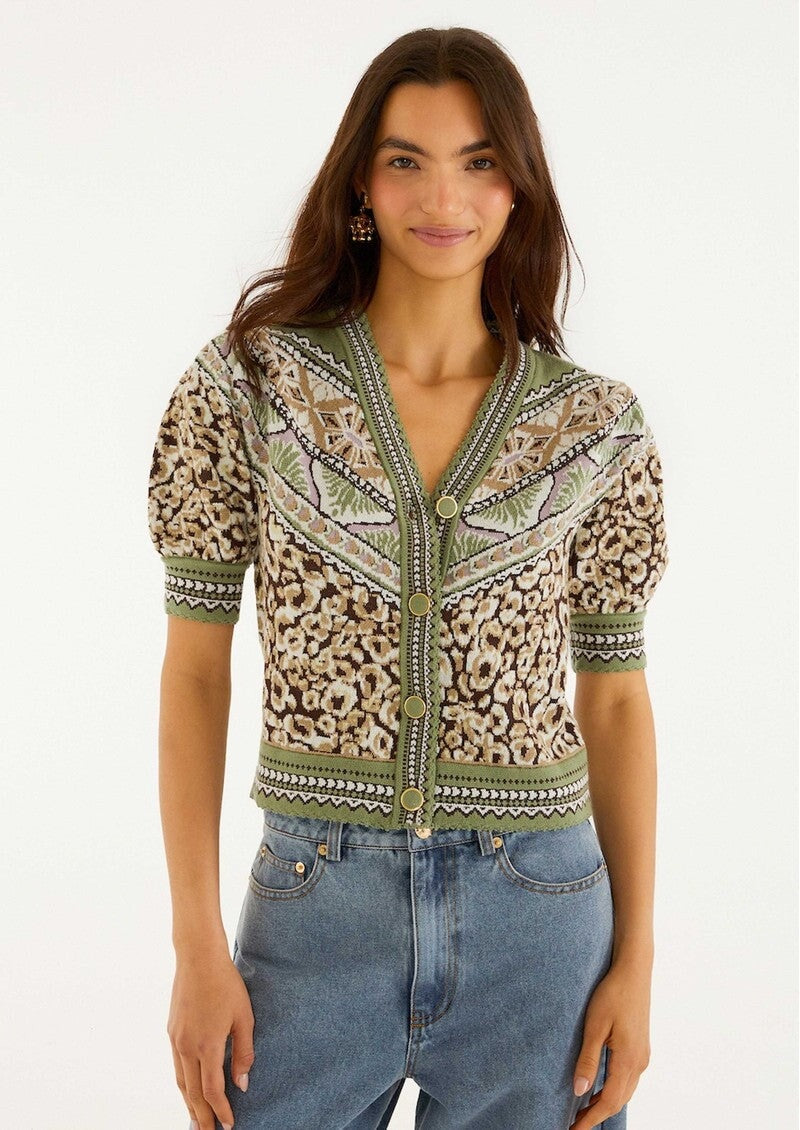 Knit Short Sleeve Cardigan Leopard Sweater - Cardigans Farm Rio 