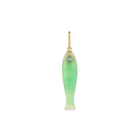 Green fish-shaped pendant with a gold chain on a white background