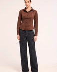 Theda Top Faux Suede Brown Tops - Button Down Misa 