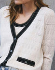 Pointelle V-Neck Cardigan Saddle Stitching Sand Sweater - Cardigans Autumn Cashmere 