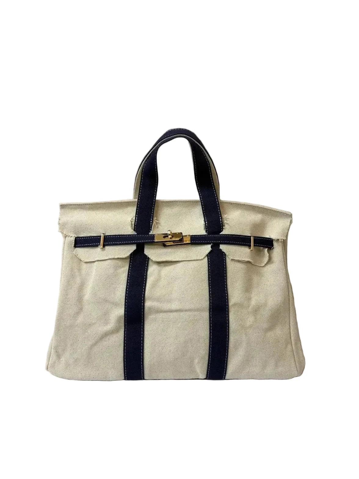 Cavas Tote Bag w/ Gold Buckle Hardware Navy Trim Tote & Satchel Runway Athletics 