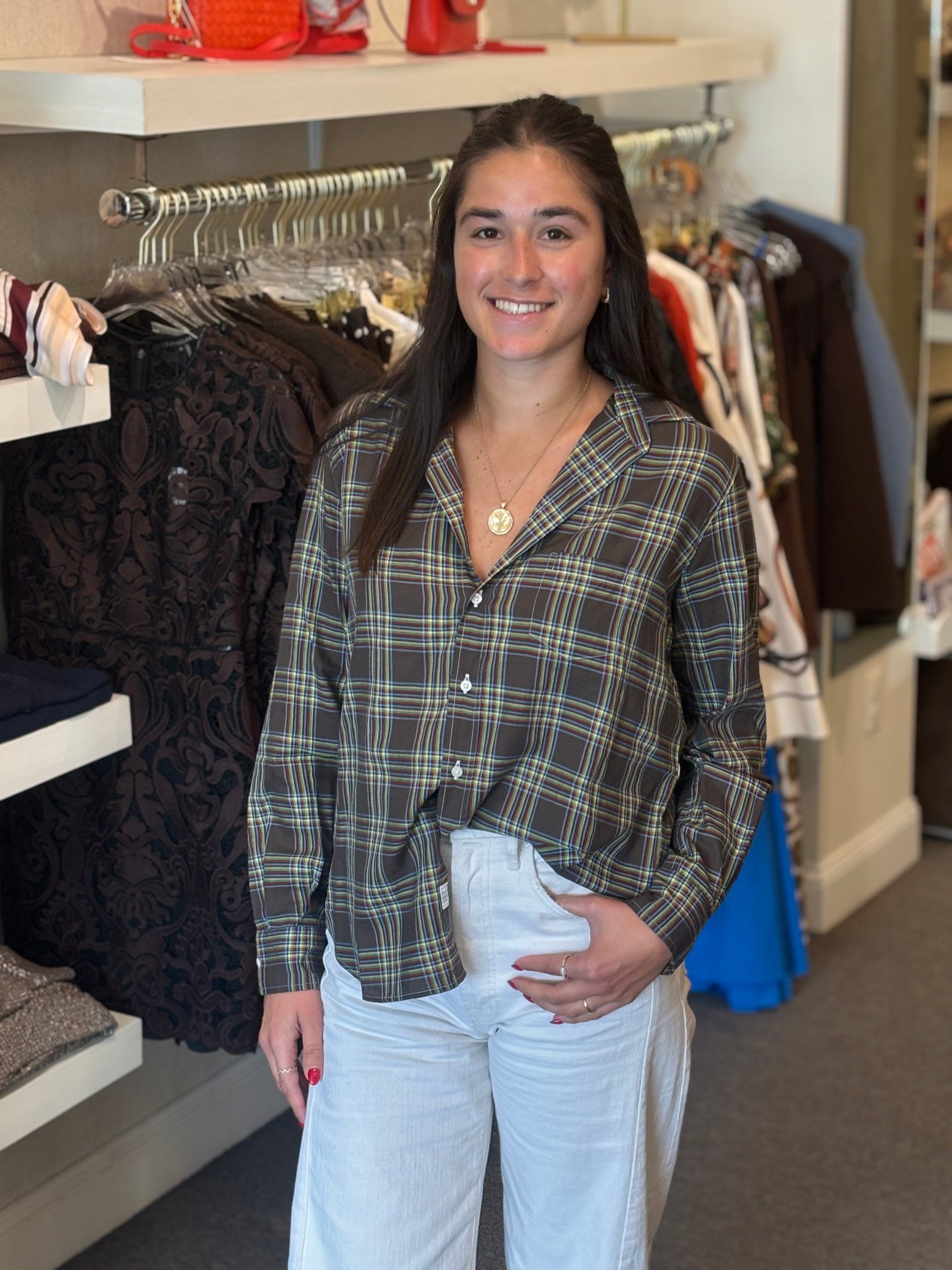 Eileen Relaxed Button Up Shirt Brown Yellow Red Grid