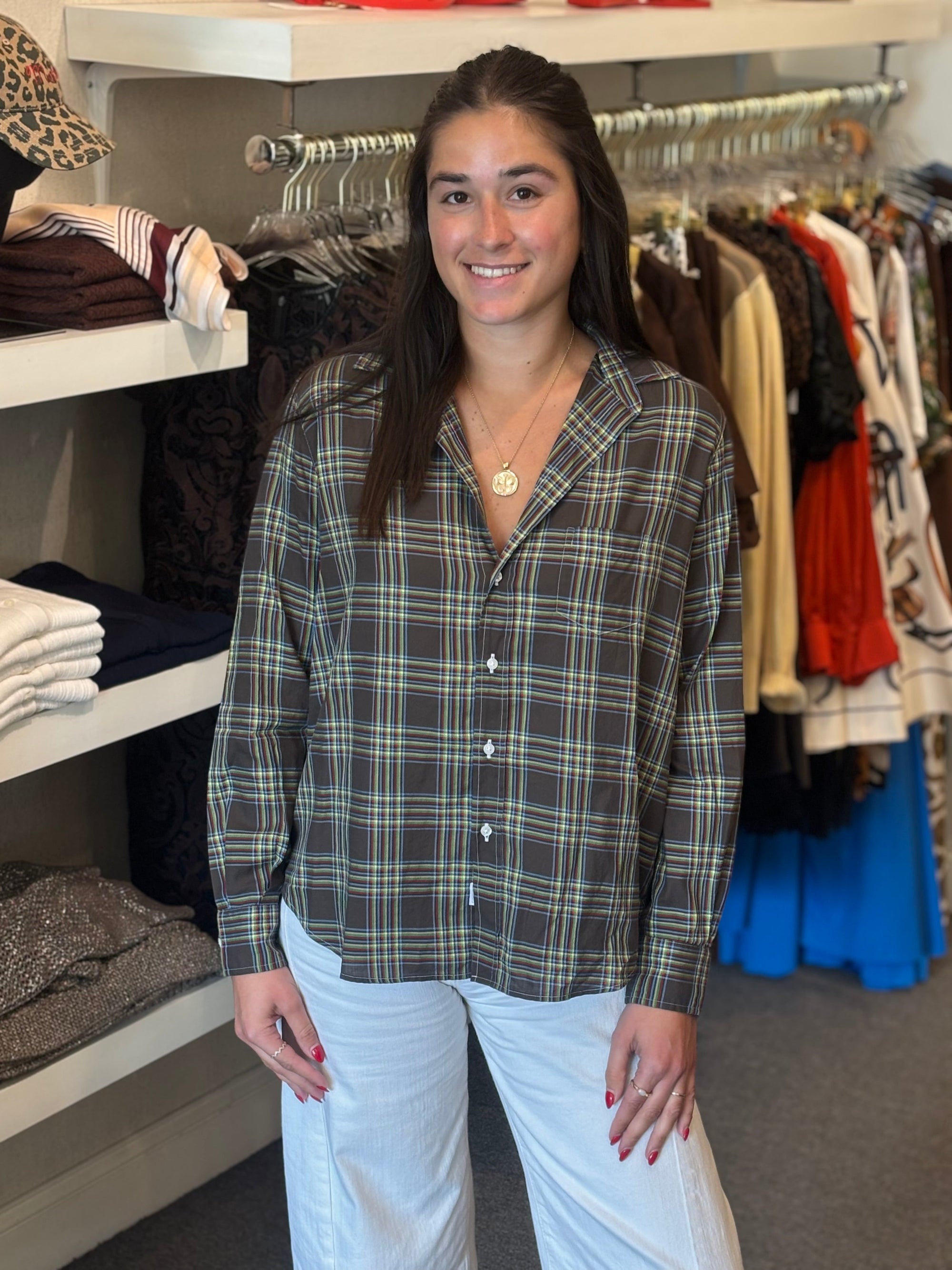 Eileen Relaxed Button Up Shirt Brown Yellow Red Grid