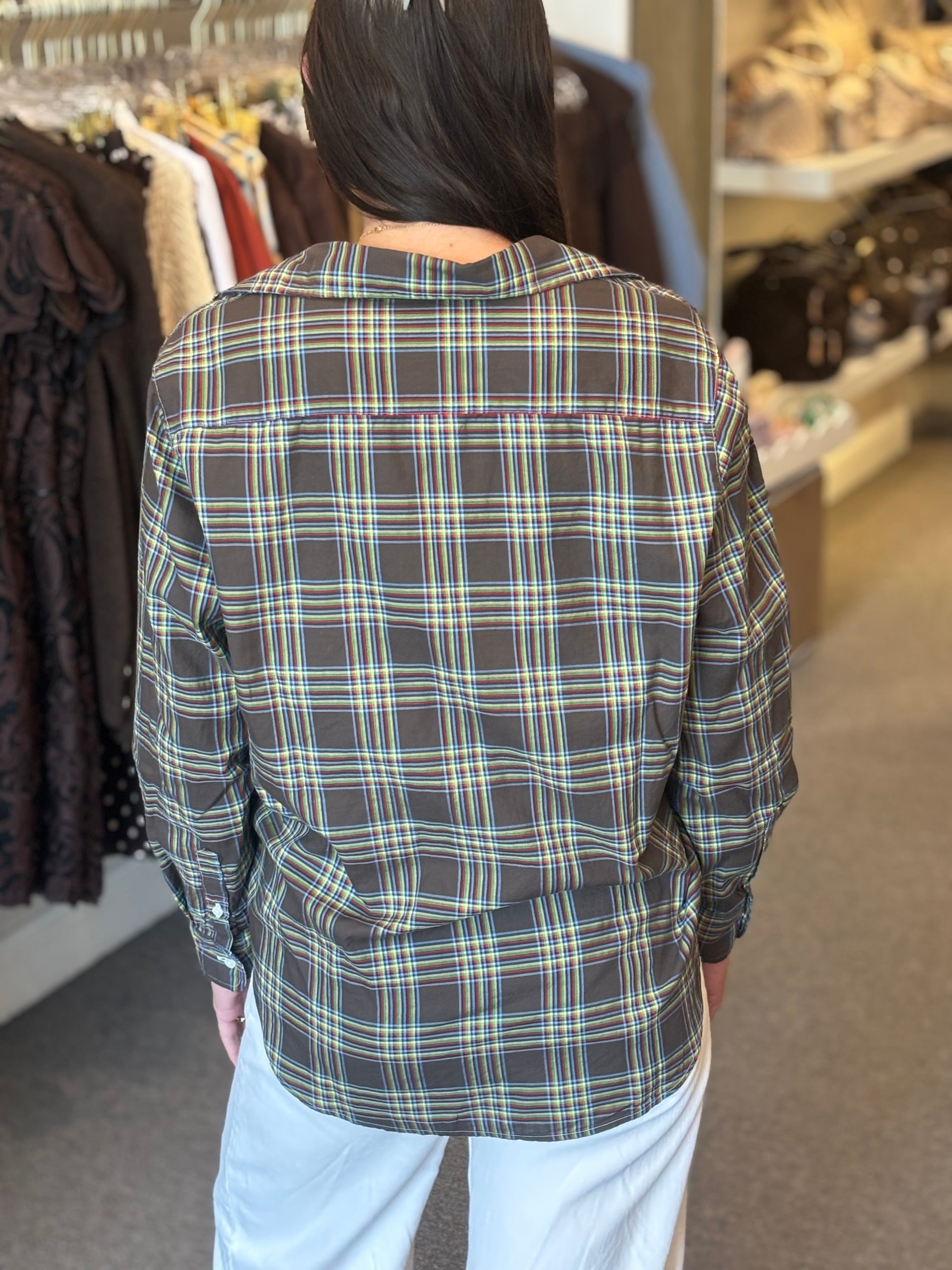 Eileen Relaxed Button Up Shirt Brown Yellow Red Grid