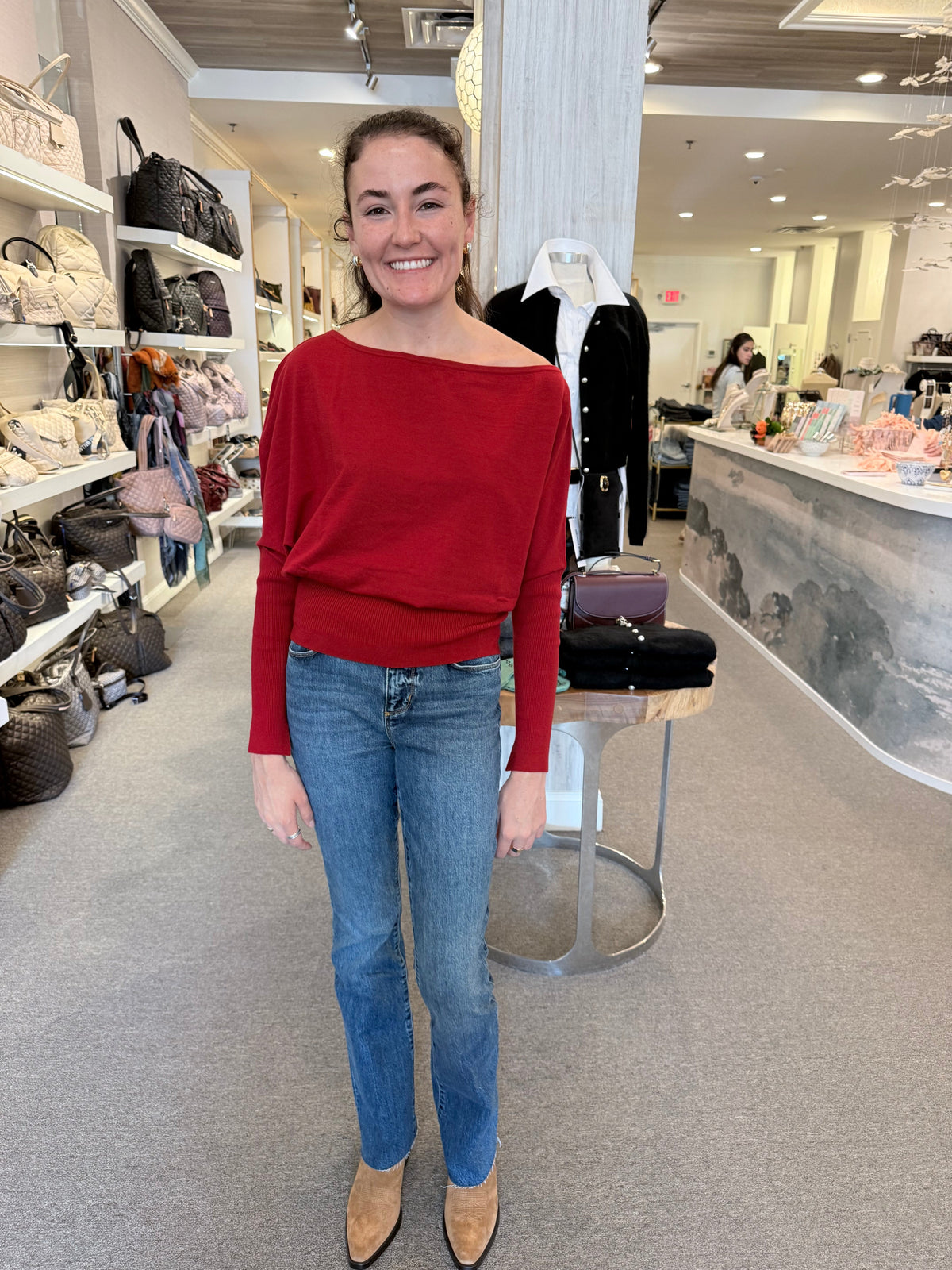 Lavina Draped Off Shoulder Sweater Lipstick