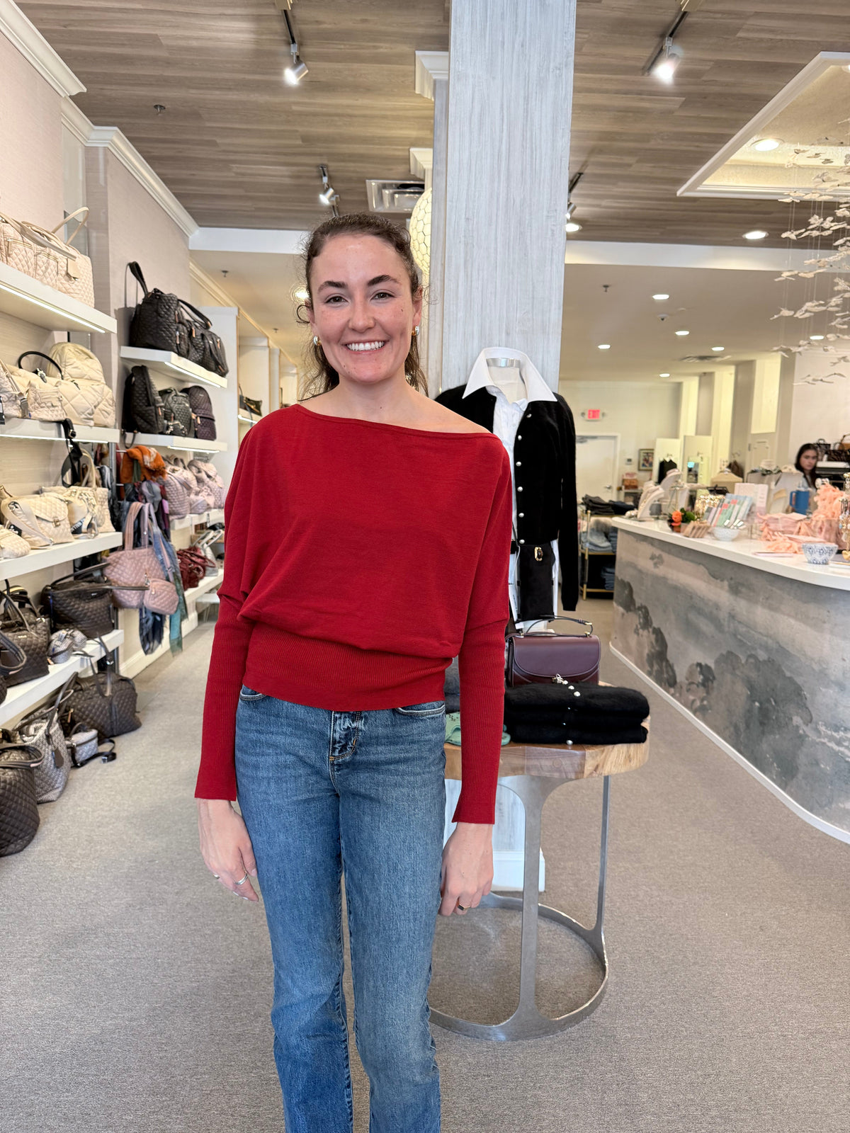 Lavina Draped Off Shoulder Sweater Lipstick