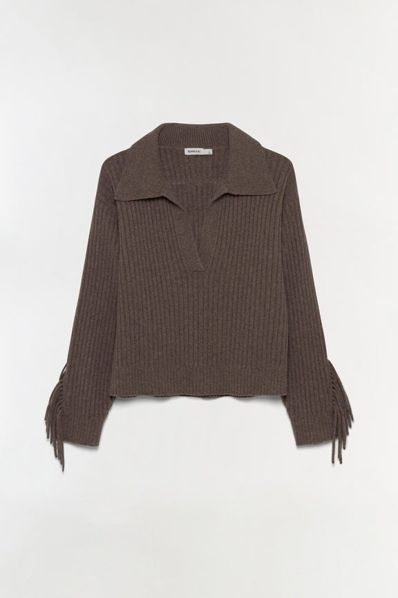 Natalia Collared Fringe Sweater Mushroom Melange Sweater - Polo Simkhai 