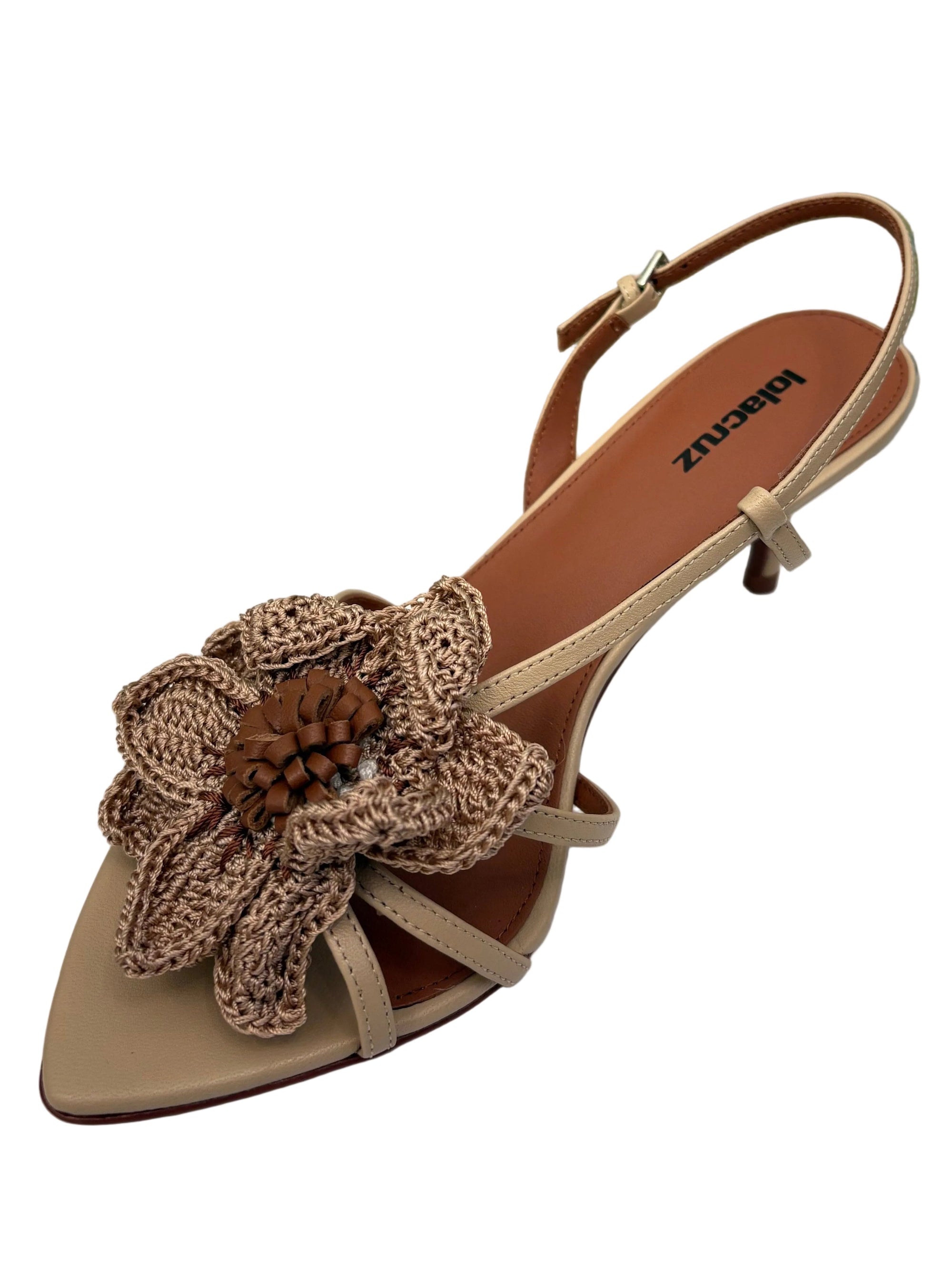 Jazmin Mule Flower Kitten Heel Beige Sandals - Heeled Sandals Lola Cruz 
