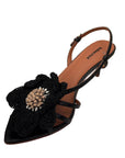 Jazmin Mule Flower Kitten Heel Black Sandals - Heeled Sandals Lola Cruz 
