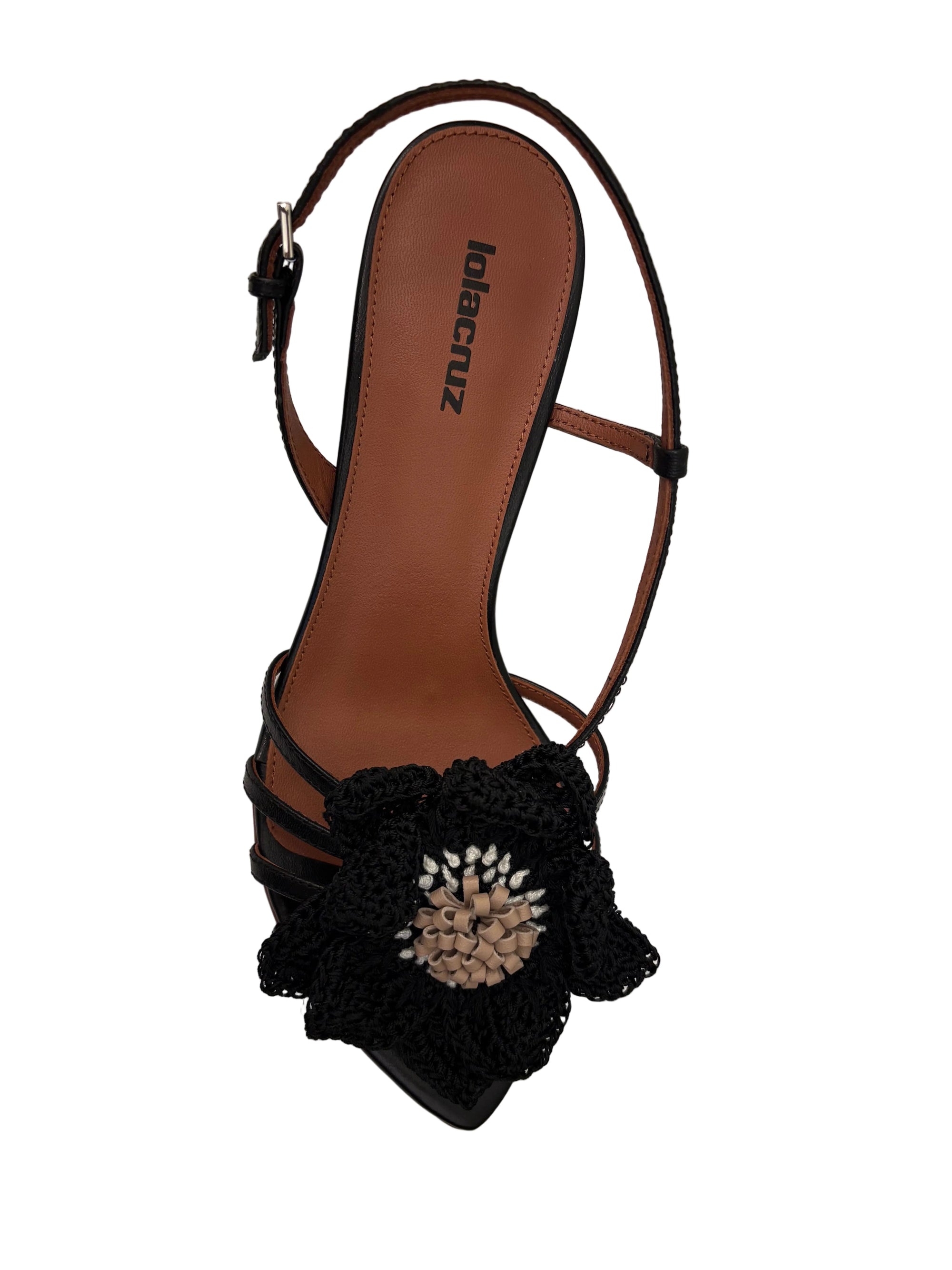 Jazmin Mule Flower Kitten Heel Black Sandals - Heeled Sandals Lola Cruz 