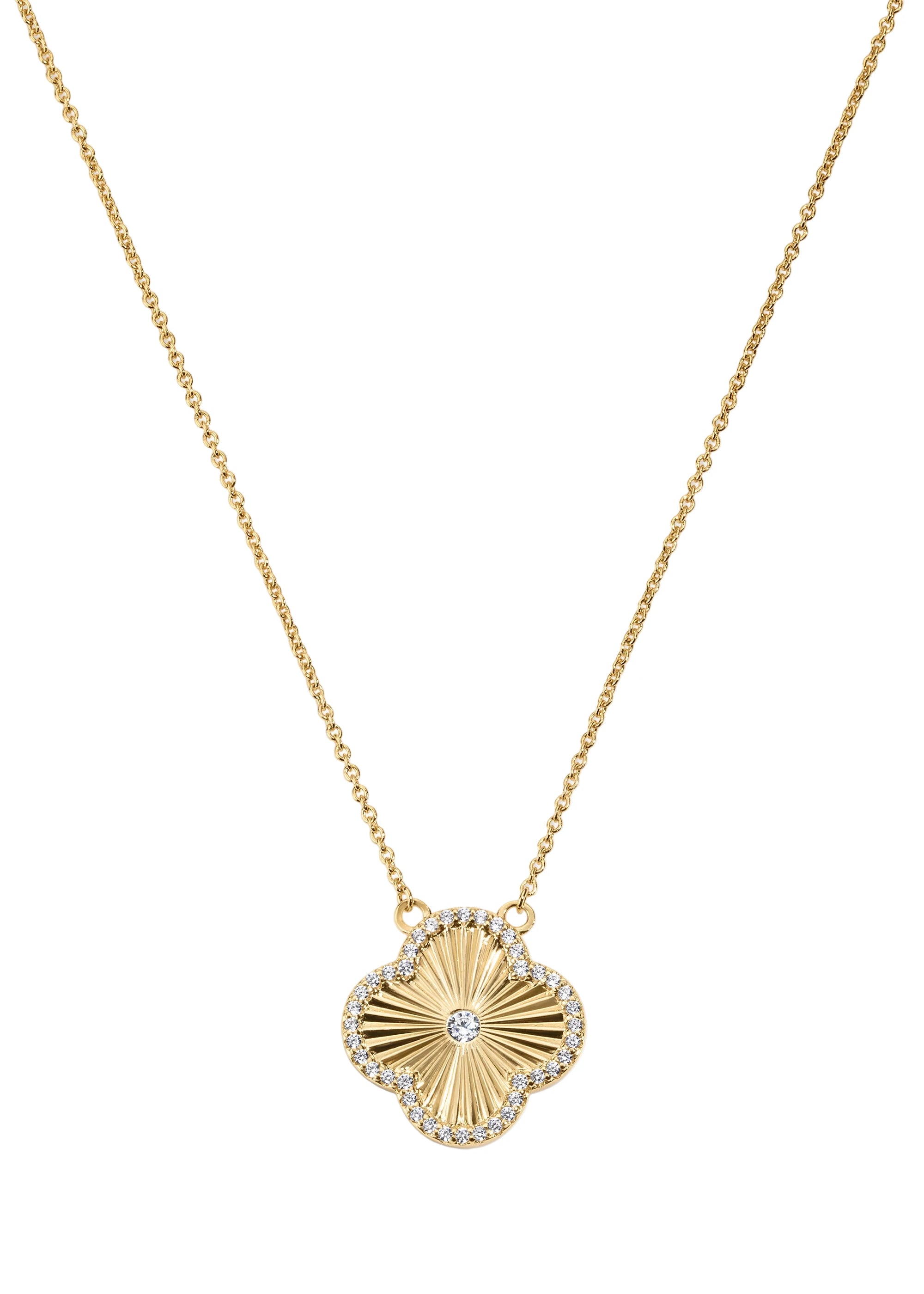 Gold necklace with a sunburst pendant on a white background