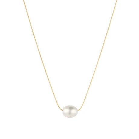 Pearl necklace on a gold chain against a white background
