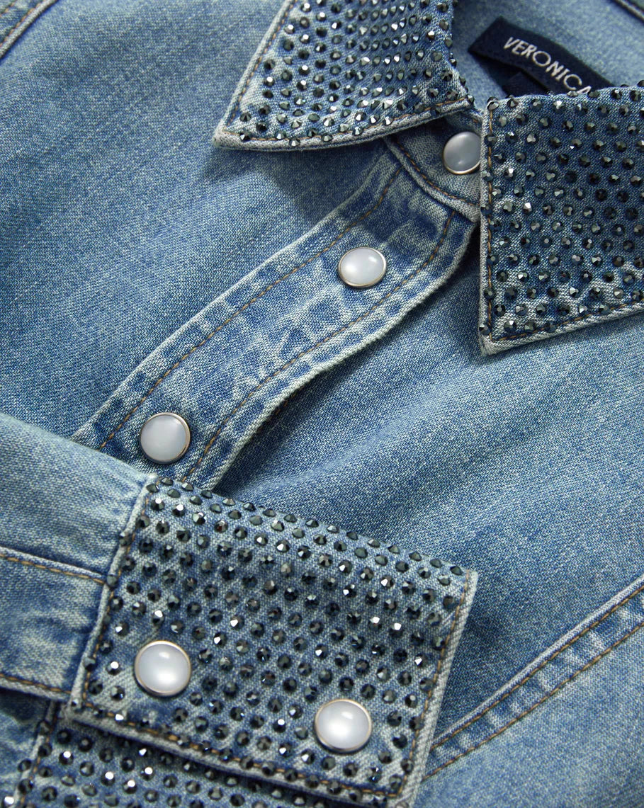 Eddie Embellished Chambray Shirt Riviera Breeze Tops - Button Down Veronica Beard 