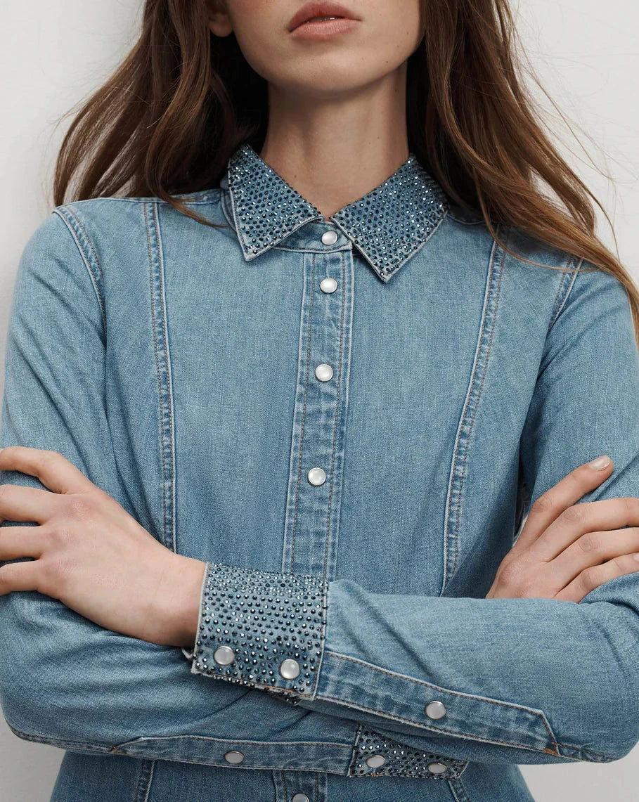 Eddie Embellished Chambray Shirt Riviera Breeze Tops - Button Down Veronica Beard 